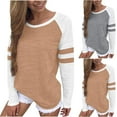 thumbnail image 1 of Top de tallas grandes,Camiseta de manga larga a rayas para mujer, top con bloques de color, cuello en V, mezcla de poliéster y elastano, ropa informal, sopatenor, 1 of 8