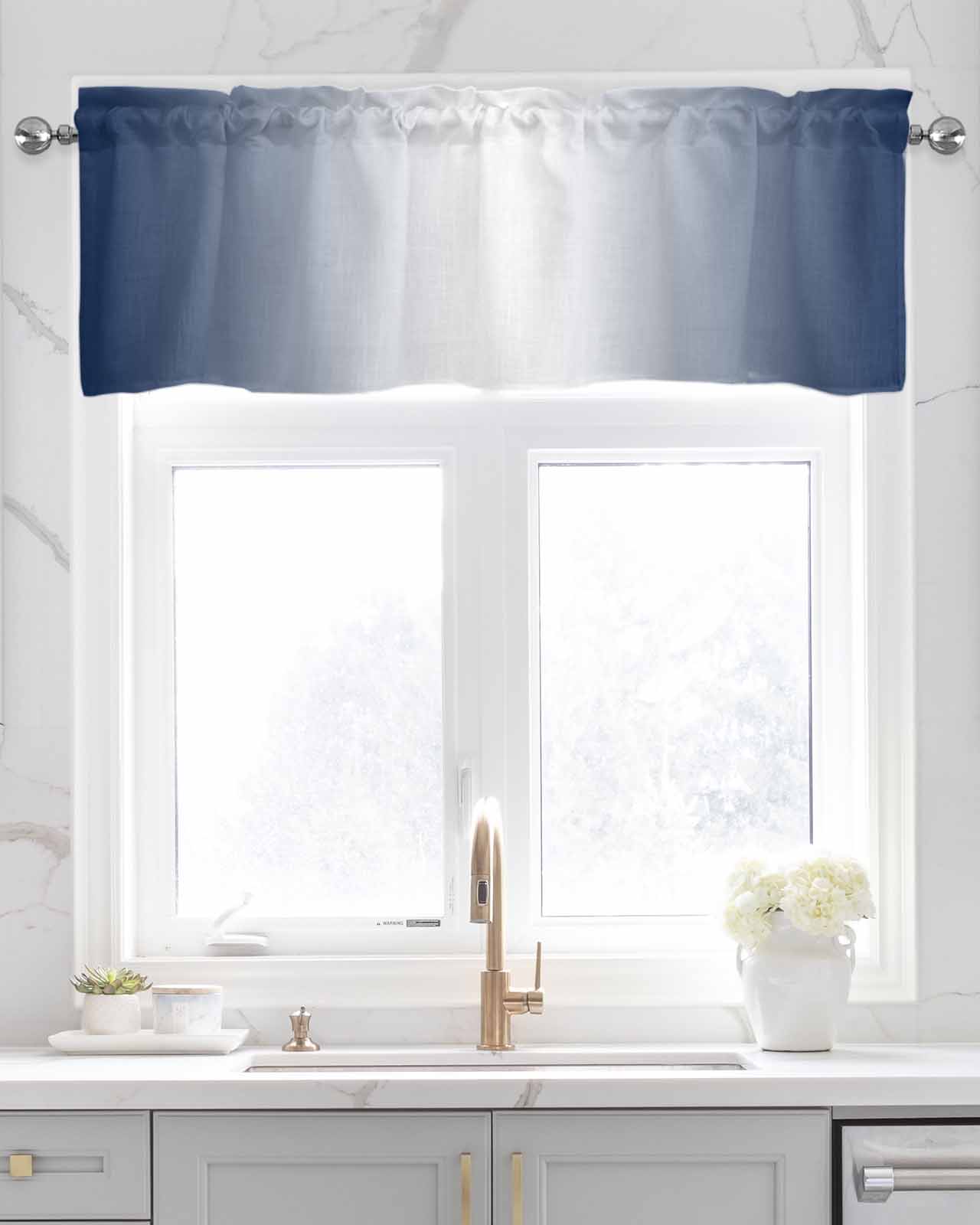 Dark Blue White Linen Curtain Valance for Bedroom/Bathroom/Kitchen/Office/Living/Dining Room Window,Modern Minimalist Geometric Striped Pocket Topper Drapes Decorative Cafe Drapery Panel 42"x18"