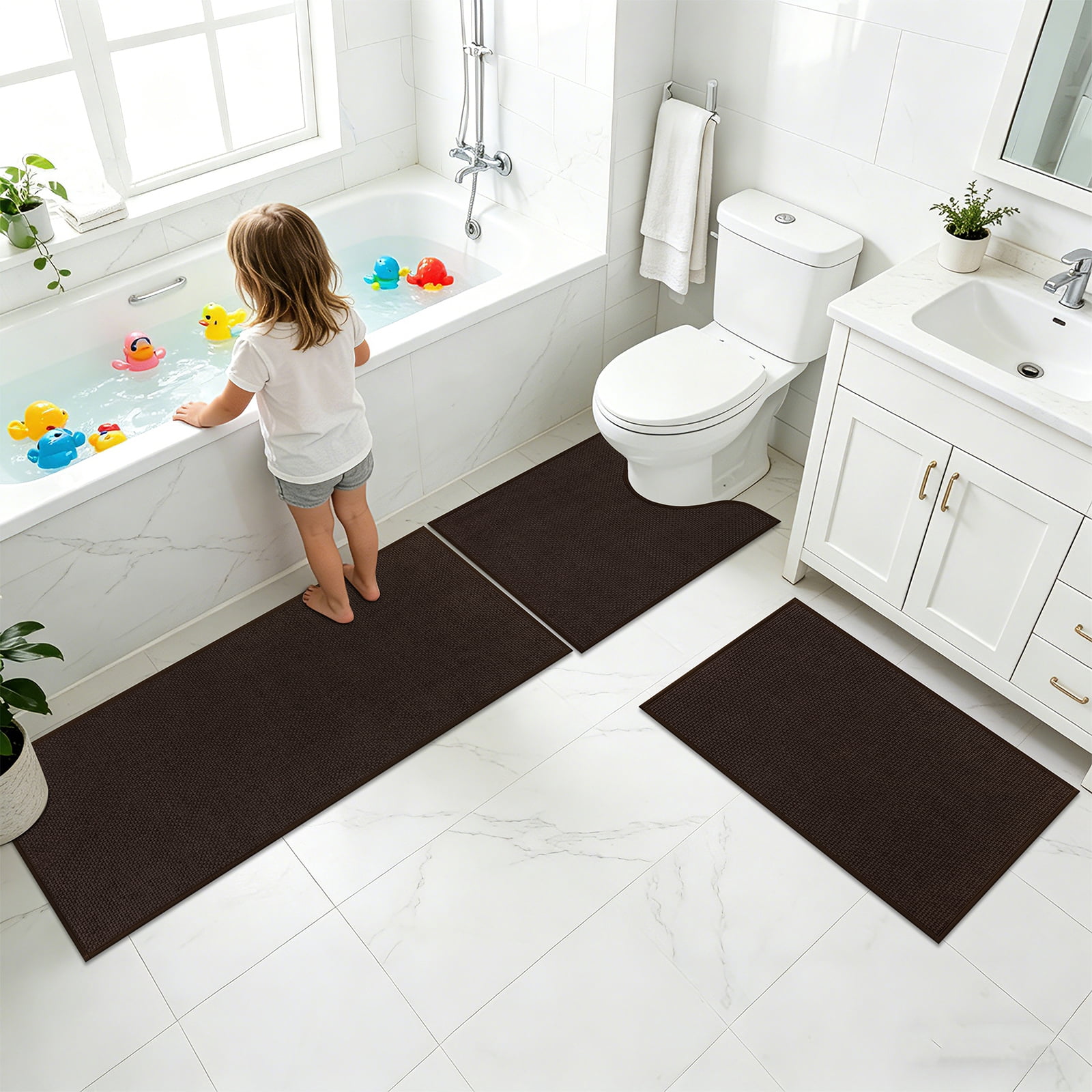 Ileading 3pcs Bathroom Rugs Set with U-Shaped Mat, Non Slip, Soft, Absorbent Bath Mats for Tub, Shower, Toilet 18"x26"+18"x48"+U Shape 20"x24" Brown