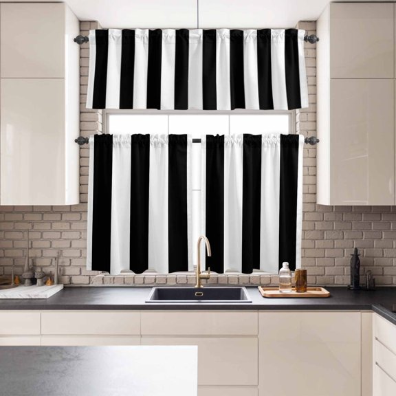 Kitchen Window Curtains Valance and Tier Set, Modern Black White Stripe Rod Pocket Tier Curtains and Valance 3 Piece Set, Abstract Minimalist Art Window Treatment for Bedroom Living Room