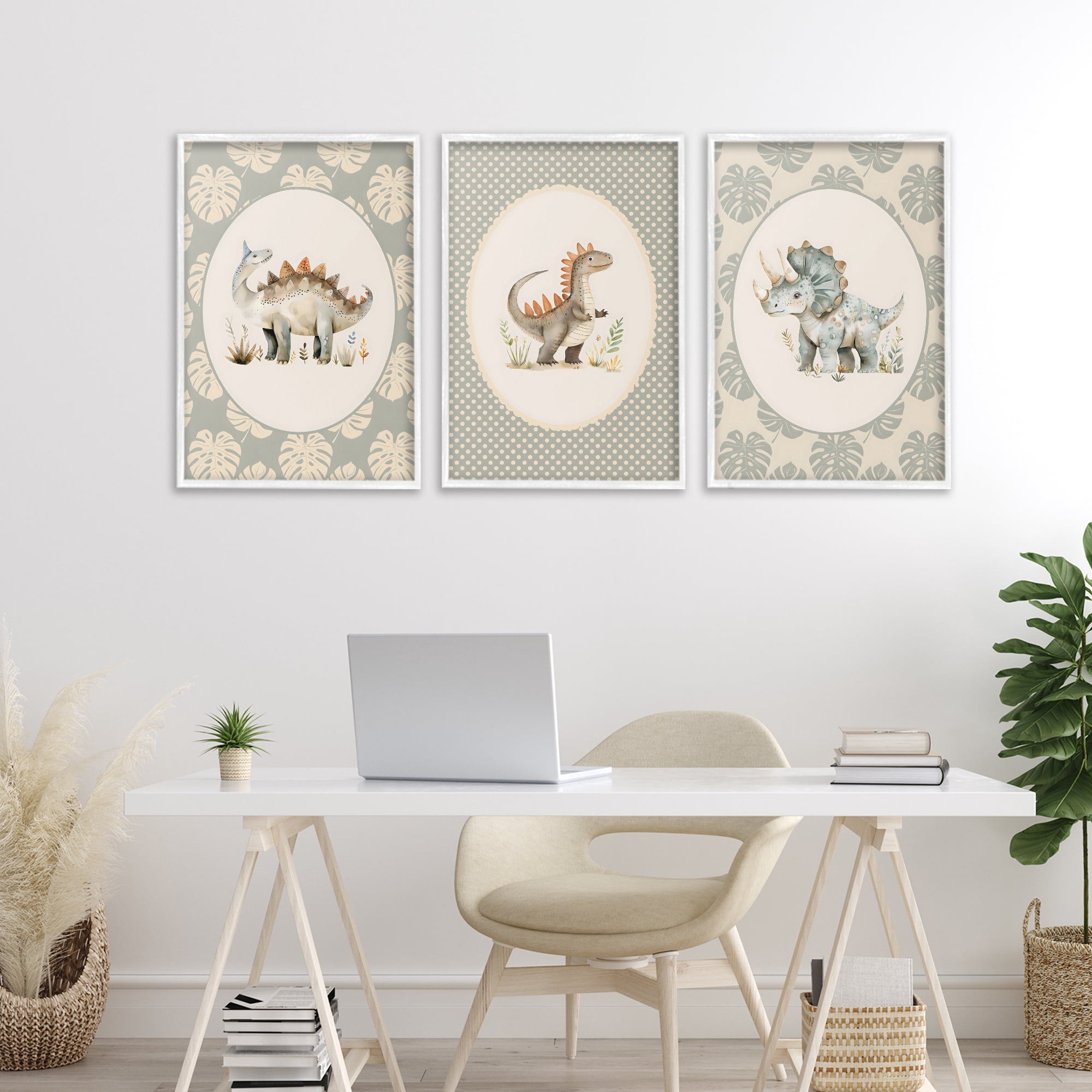 Stupell Industries Nursery Dinosaurs Tropical Border 3 Piece White Framed Giclee Art Set, design by LSR Design Studio