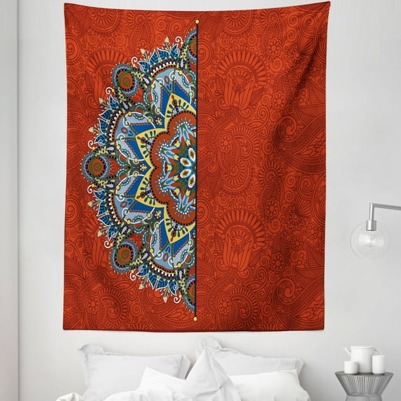 Mandala Tapestry, Ukranian Design Half Flower Pattern Swirls and Petals Image, Fabric Wall Hanging Decor for Bedroom Living Room Dorm, 5 Sizes, Burgundy White Blue, by Ambesonne