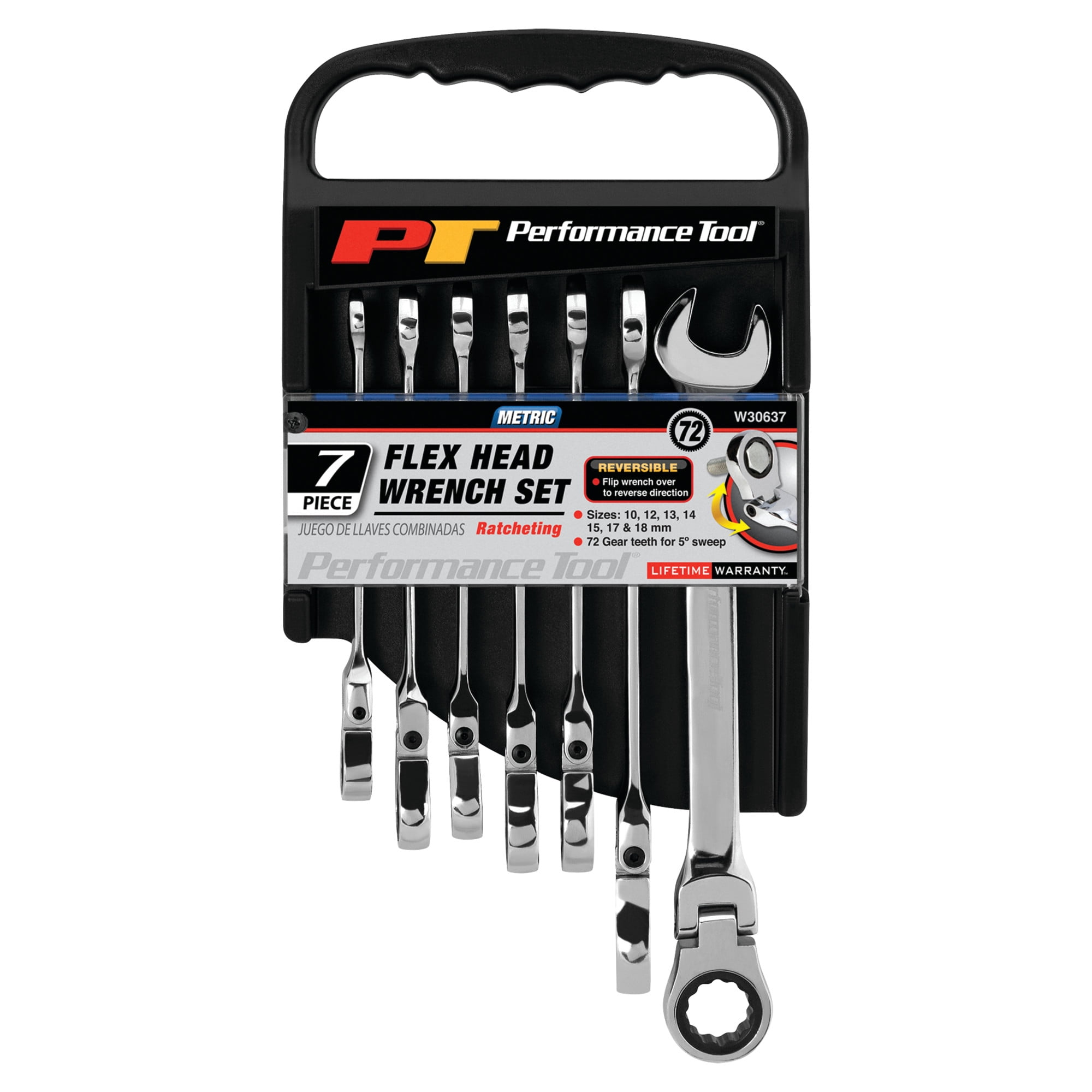 Performance Tool W30637 Flex Head Ratcheting Wrench Set with 180 Degree Pivot, Low Profile Head, and Reusable Storage Rack - 7 Piece Metric Set