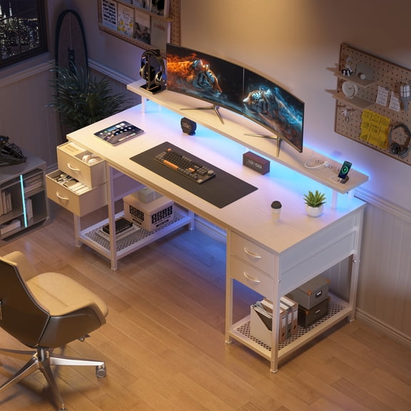 EnHomee Office Desk with 4 Fabric Drawers Gaming Desk with storage Computer Desk for Bedroom, White