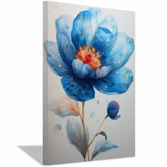 Mudket Framed,Canvas Wall Art,Ready to Hang,Blue Peony Floral Canvas Print,Botanical Wall Decor,Flower Wall Pictures,for Bedroom Bathroom Living Room Office Decor - 12"L x 8"W
