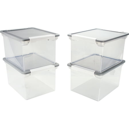 Storex Storage File Tote with Locking Handles, Clear/Silver, 4-Pack ...