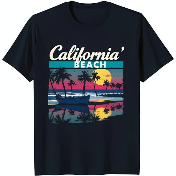 California Beach Retro Graphic T-Shirt Vibrant Sunset Trees & Boat Design