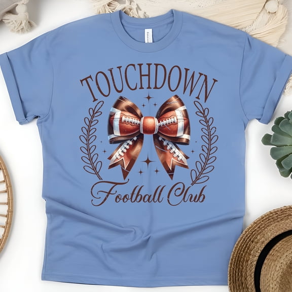 Touchdown Football Club Shirt | Brown Bow Game Day Tee for Women, CarolinaBlue, Size L