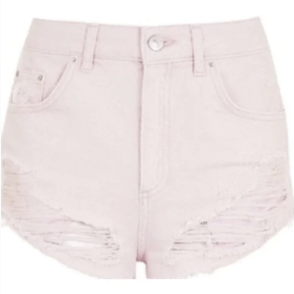 Topshop Ripped Mini Denim Shorts in Pink, Size US 2
