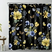 Butterfly and Wildflower Shower Curtain for Bathroom,Blue and Yellow Flower with Green Botanical on Black Fabric Shower Curtain with Hooks,Farmhouse Vintage Bathroom Curtain Shower Set, 69x70 inches
