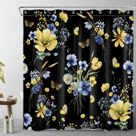 Butterfly and Wildflower Shower Curtain for Bathroom,Blue and Yellow Flower with Green Botanical on Black Fabric Shower Curtain with Hooks,Farmhouse Vintage Bathroom Curtain Shower Set, 72x78 inches