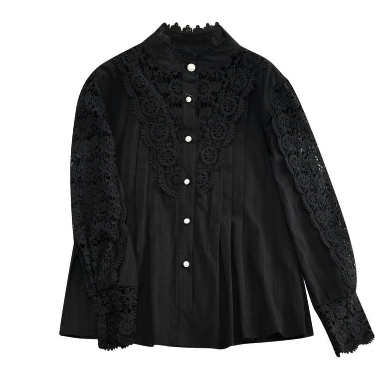 HongQid Women's Elegant Lace Trim Shirts Casual Victorian Blouse