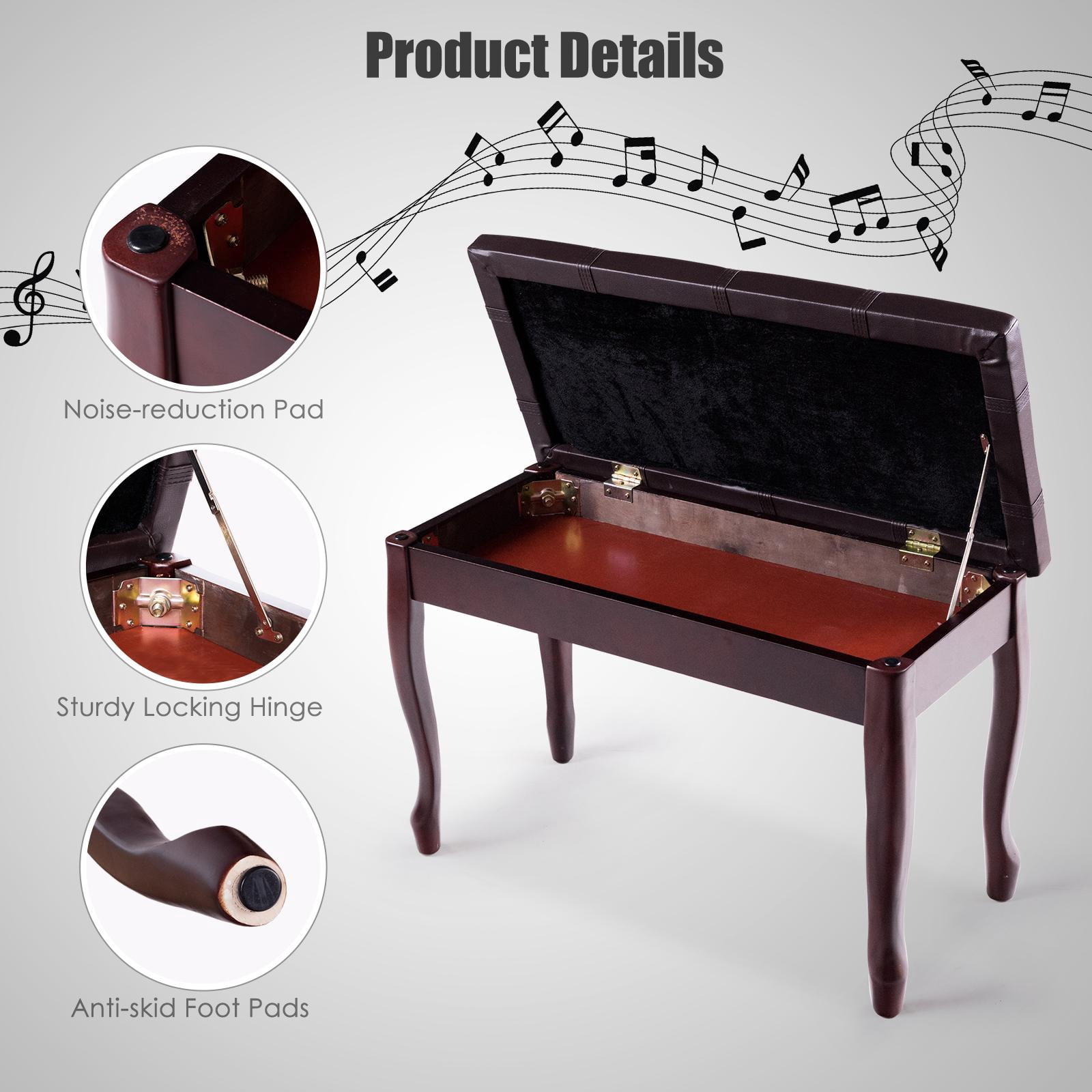 Giantex Piano Bench Stool, Heavy Duty Piano Duet Seat w/Padded Cushion, Music Storag & Solid Wooden Legs, Brown