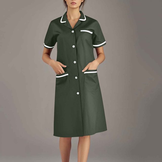 Tidyack ,Bon Rapport Qualité-Prix,Robe d'Infirmière à Revers, Robe de Travail Unie, Poches + Empiècement à Boutons, Longueur Midi, pour le Personnel de la Santé, Tenue de Travail Professionnelle, Mélange de Coton, Coupe Nette, Uniforme Quotidien
