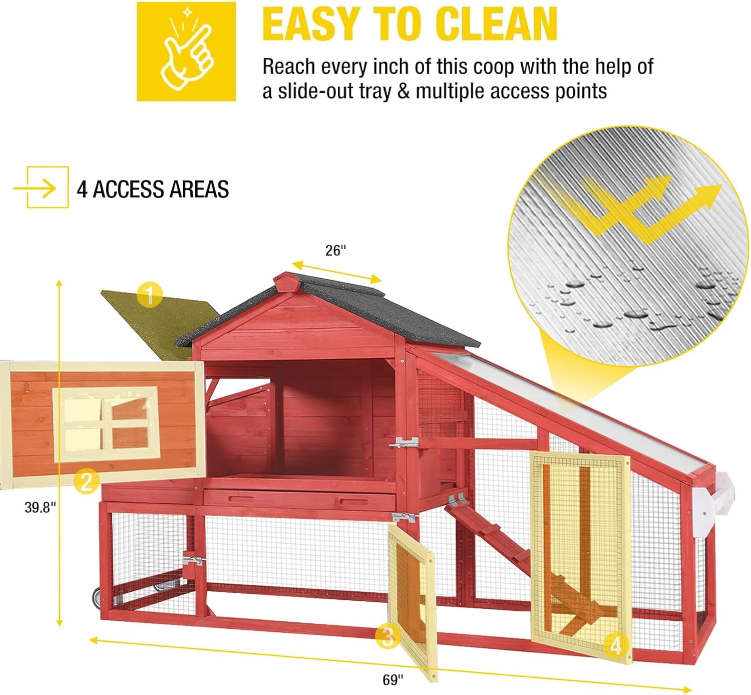 Aivituvin Mobile Chicken Coop with Wheels for 2-4 Chickens, Weatherproof Chicken House Poultry Cage with Nesting Box, Leakproof Pull-Out Tray for Outdoor Backyard, Red
