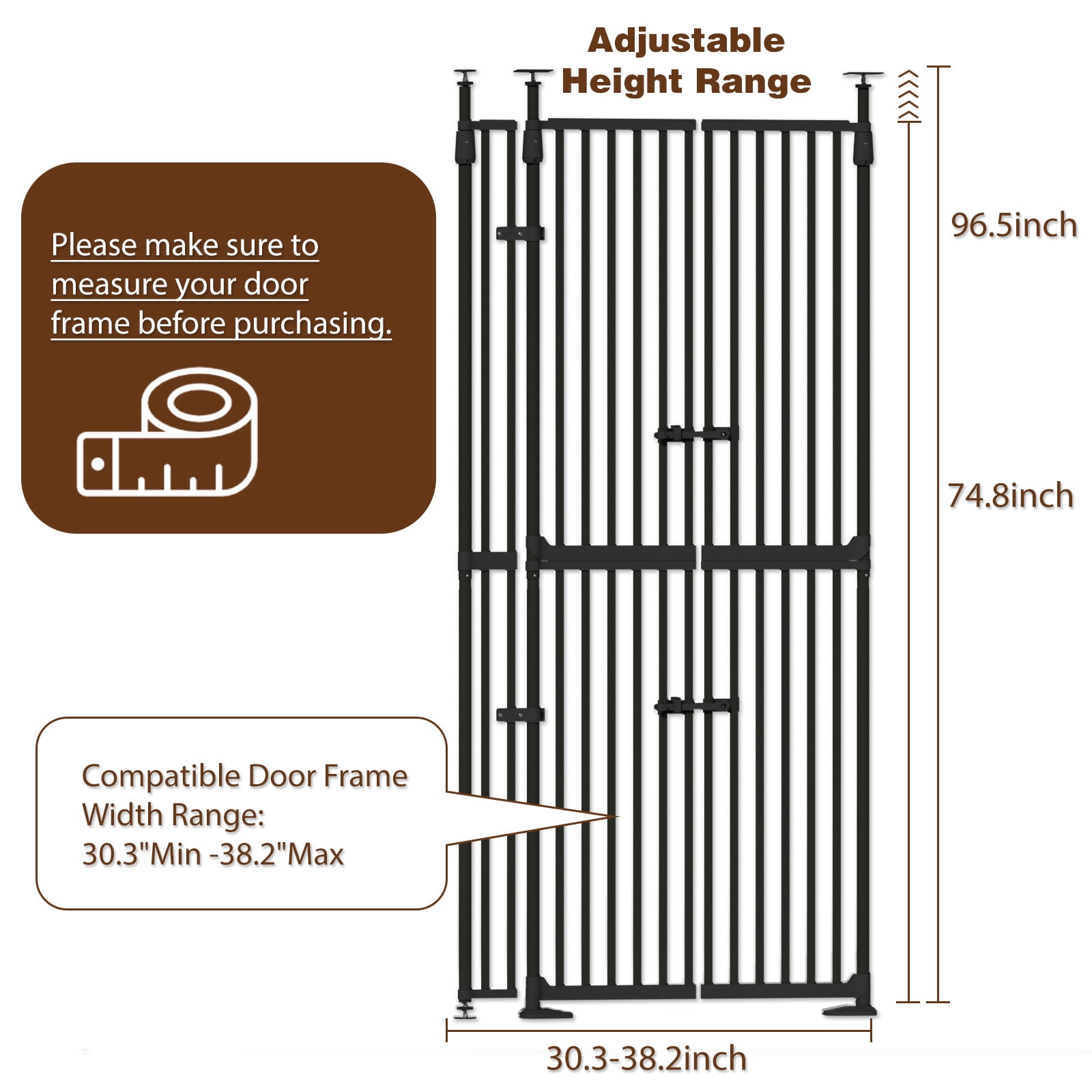 YUFU 74.8" Extra Tall Pet Gate for Cats, adjustable height adjustable width 30.3"-38.2" Pressure Mounted, No Drill, Walk-Through Door for Stairs/Doorways,(black)