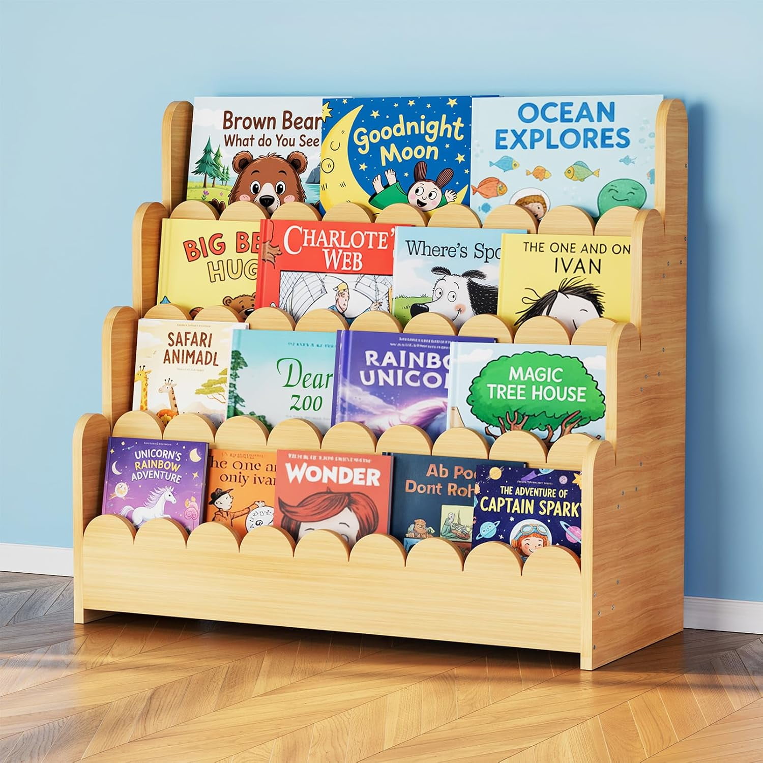 4-Tier Scalloped Bookshelf, Montessori Bookcase for Toddlers, Wooden Book Shelf Organizer Display Furniture for Kids Rooms, Playroom, Nursery and Classroom, 29.6“ Wide, Natural