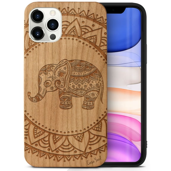 Case Yard Wooden Case Outside Soft TPU Silicone Slim Fit Shockproof Wood Phone Cover for Girls Boys Men and Women Supports Wireless Charging Elephant Mandala Design case for iPhone-12/12-Pro