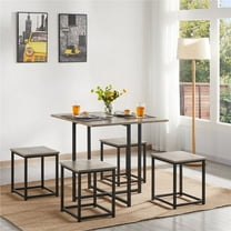Topeakmart Industrial 5 Piece Dining Table Chair Set Dining Room Set with 1 Square Table, 4 Backless Stools, Gray
