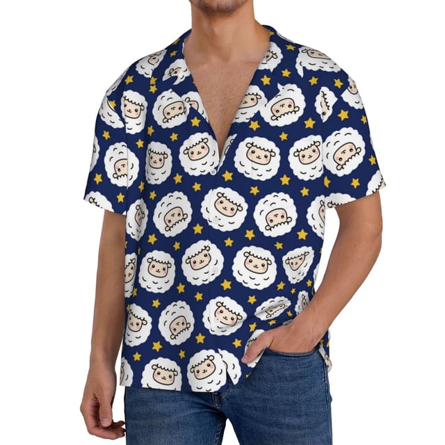 Fotbe Cute Sheep With Star Camisa Estampada de Manga Corta para Hombre, Casual de Verano, Estilo Playero, Sin Arrugas-4X-Large