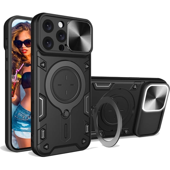 for iPhone 16 Pro Max 6.9" Case with Magnetic Ring Kickstand, Rugged Military Grade Shockproof Heavy Duty Case with Slide Camera Lens Cover for Apple iPhone 16 Pro Max JS-Black