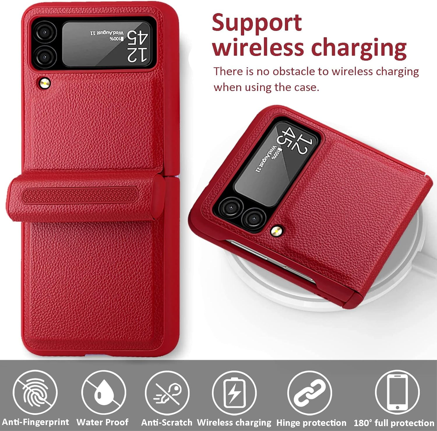 Compatible Samsung Z Flip 3 5G Case with Hinge Protection Screen Protector,All Around Protection Ultra Thin PU Leather+PC Case Galaxy Z Flip 3 Case for Samsung Flip 3 Phone Case Cute– Red