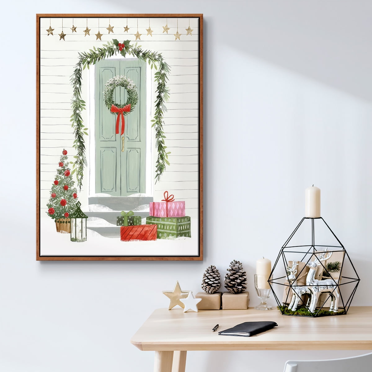 Festive Front Door I - Framed Gallery Wrapped Holiday Canvas - 17 x 25 - Rosewood Frame
