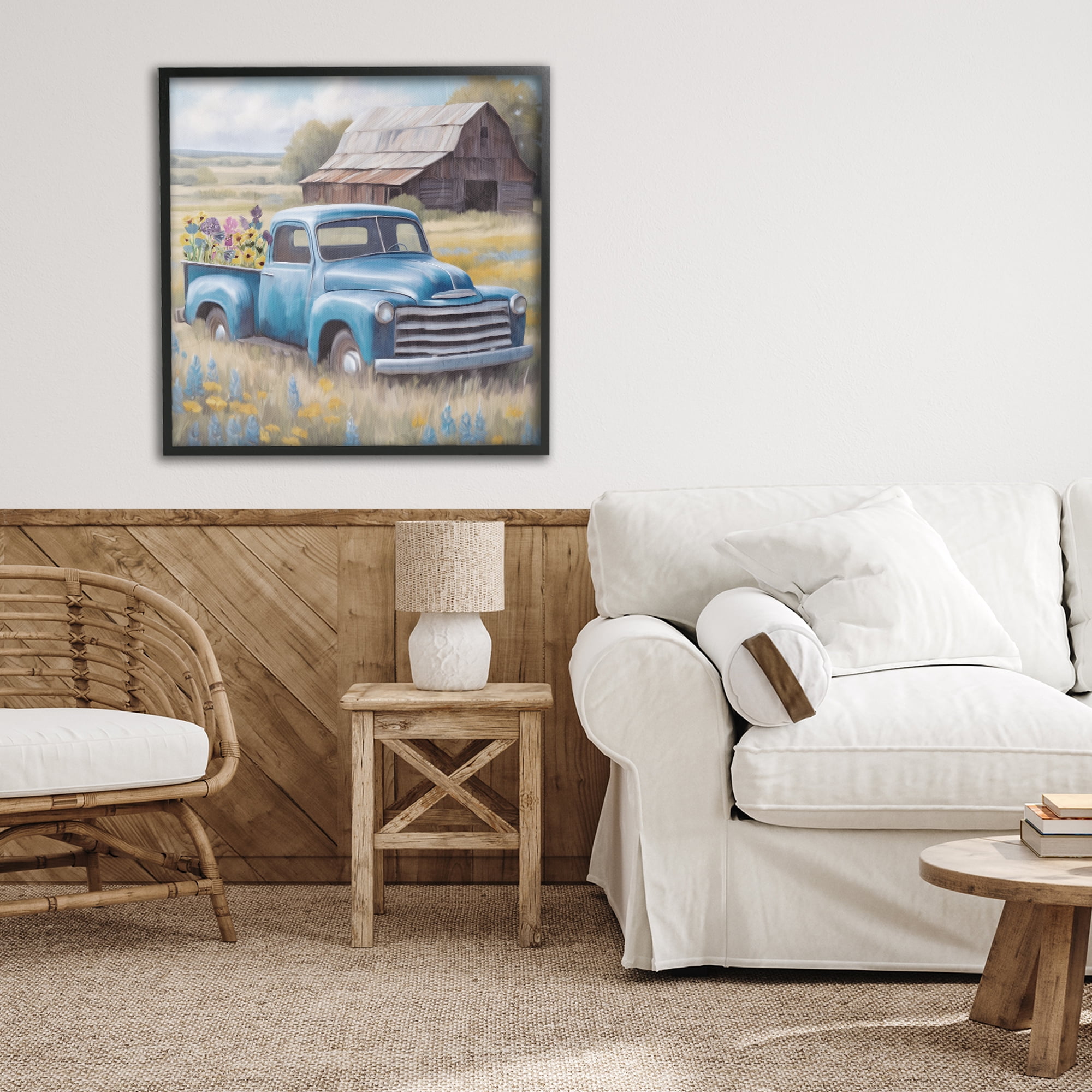 Stupell Industries Flower Truck in Antique Blue Black Framed Giclee Art, design by Kim Allen