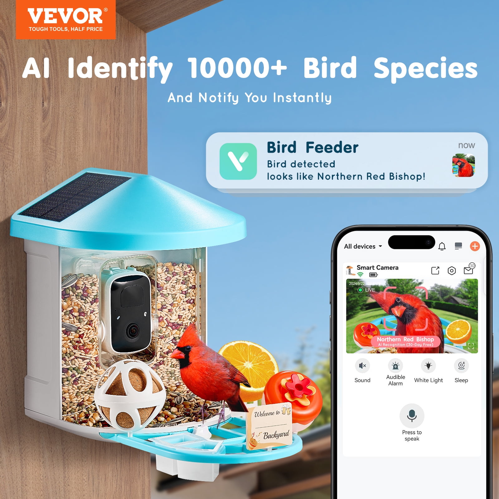 VEVOR Smart Bird Feeder with Camera, 2K HD AI Identify 10000+ Bird Species, Solar-Powered Bird Watching Camera with Auto Capture & Instant Notify, Wireless Outdoor Gift (2 Solar Panels)