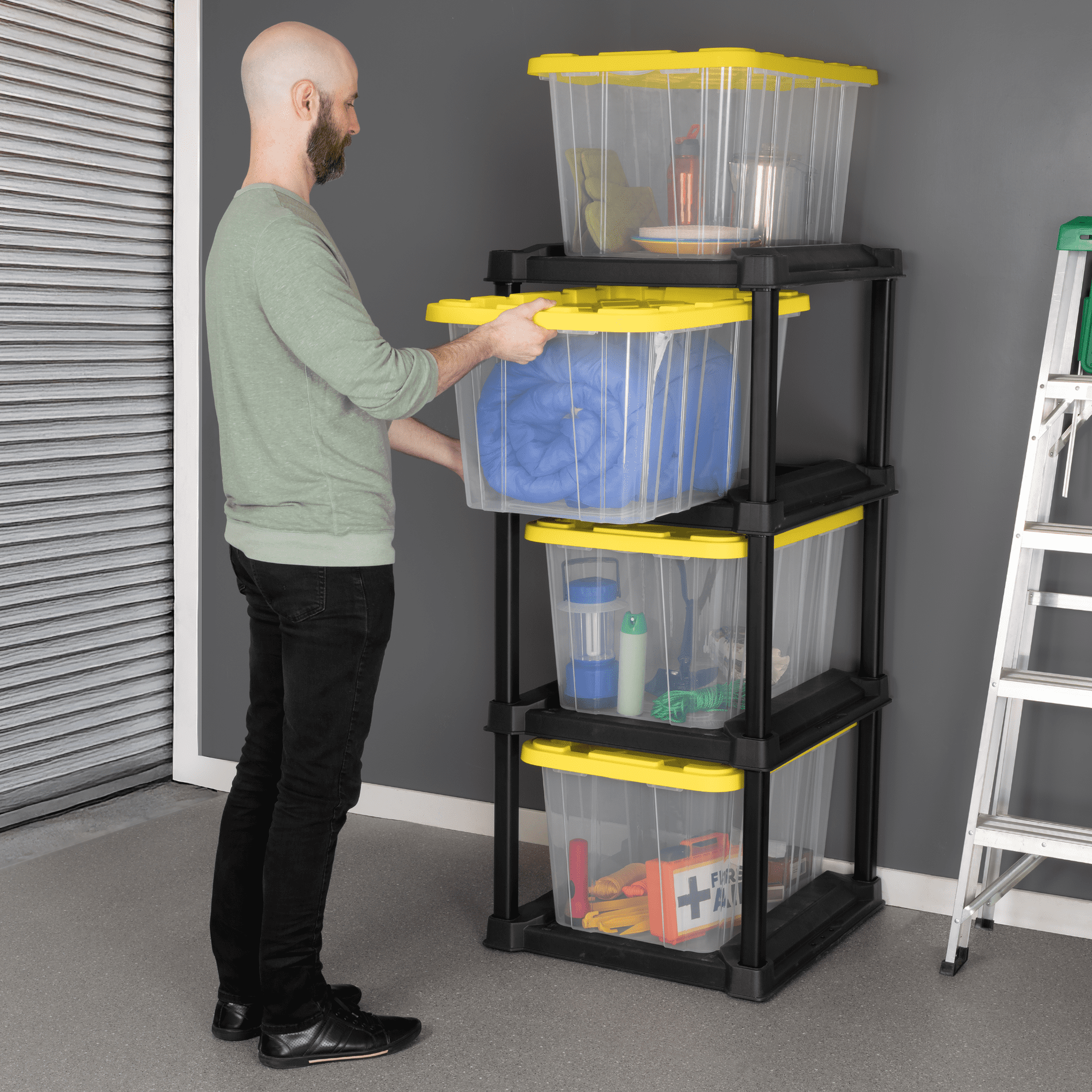 Sterilite 4-Tier Tote Rack with 4 27-Gallon Clear Storage Totes Bundle, Heavy-Duty Garage Organization