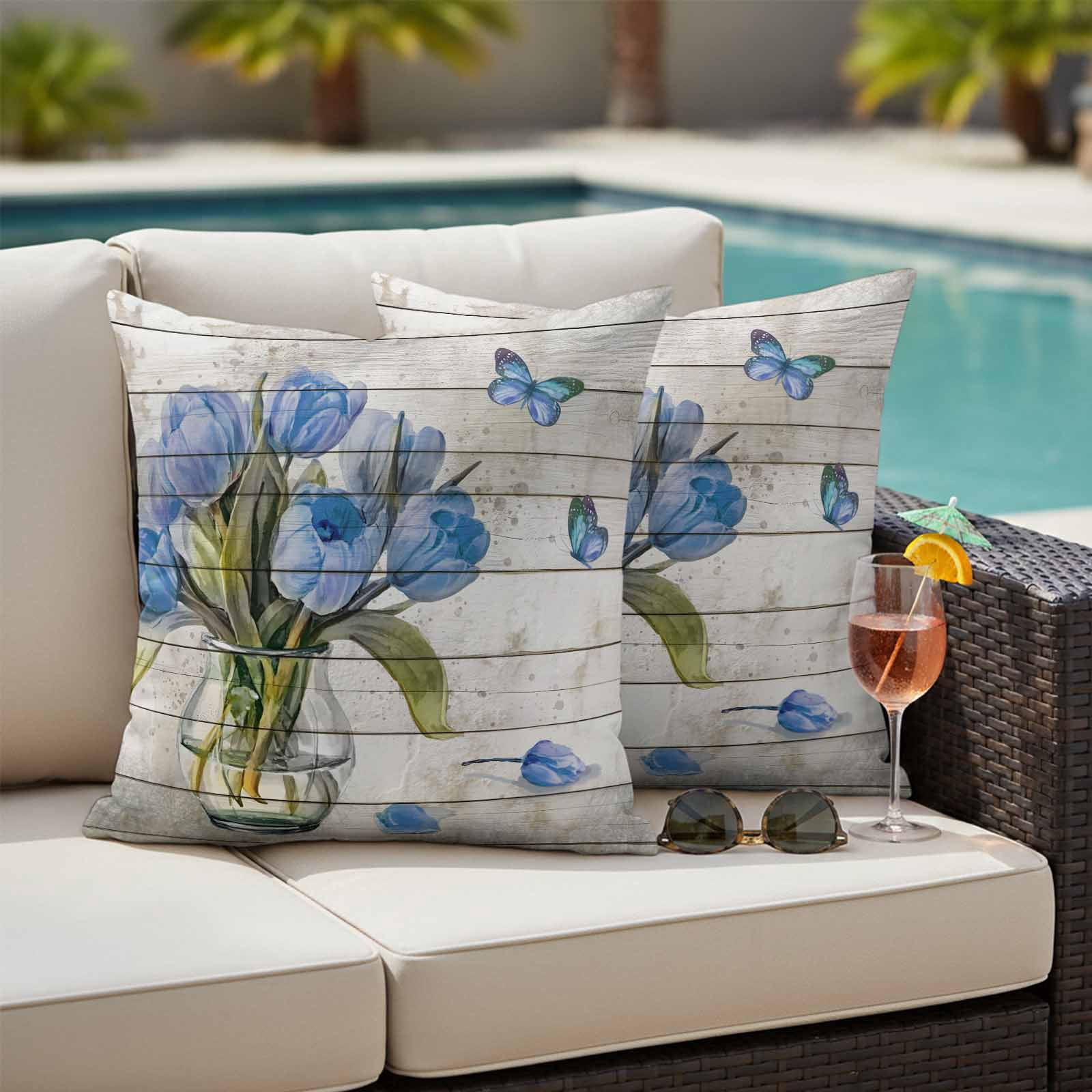 Blue Tulip Outdoor Waterproof Pillow Covers, Vintage Spring Floral Retro Art Butterfly Wooden Decorative Square Throw Pillowcase Sofa Cushion Sham for Patio/Couch/Chair, 20"x20" 2 Pack