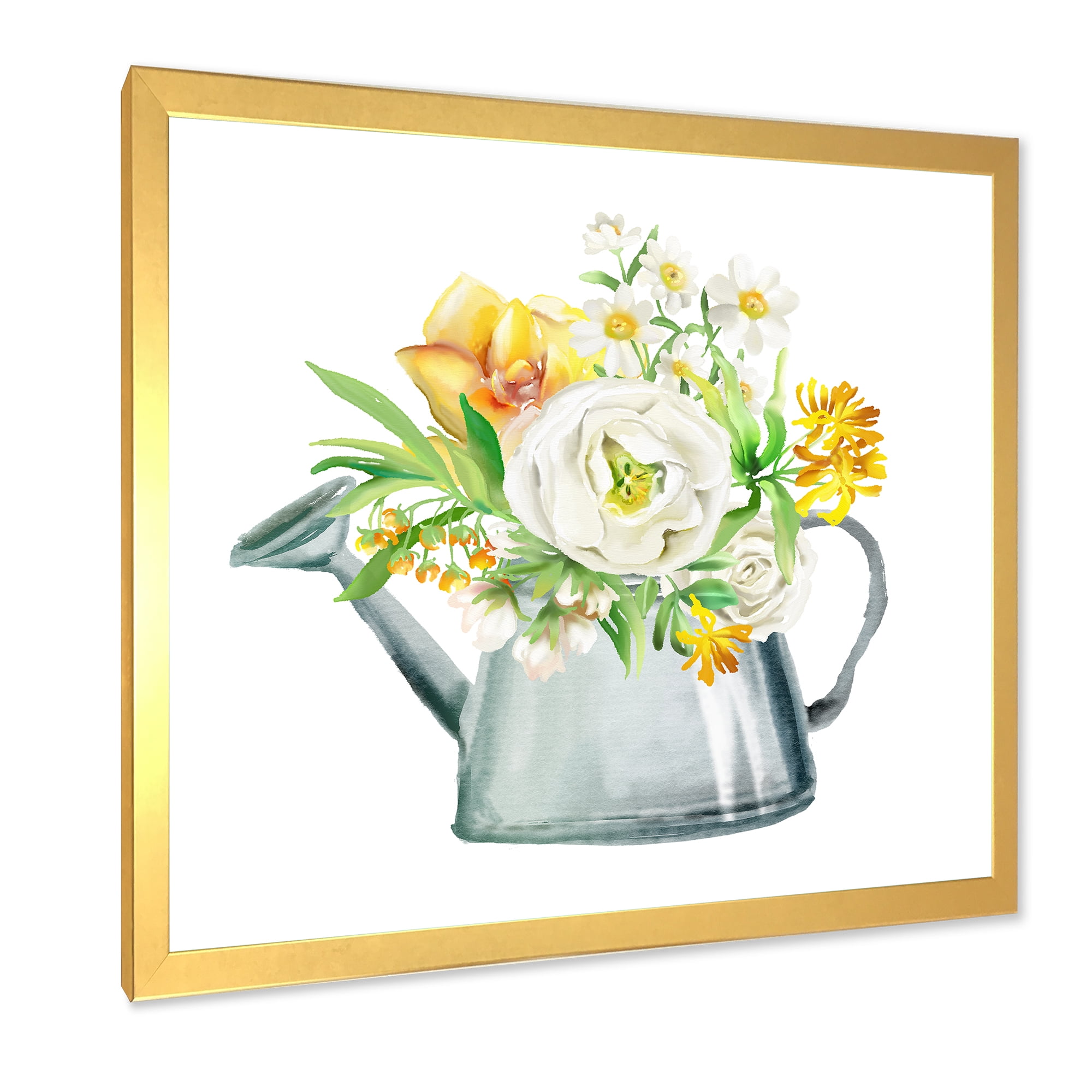 Marigolds Roses and Peonies In Garden Watering Can 36 in x 36 in Framed Painting Canvas Art Print, by Designart