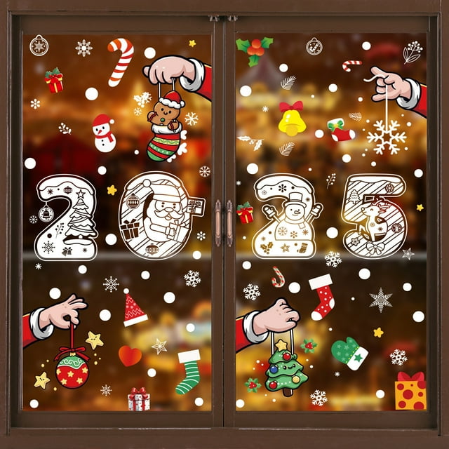 Unbranded 2025 Christmas Window Clings Christmas Decorations Large Santa Claus Christmas Stickers Xmas Tree Snowflake Window Decals Double Side Holiday Christmas Decor Reusable Decals for Glass