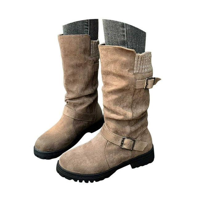 Mepaouo Women's Mid Calf Boots Low Heel Buckle Western Riding Boot Motorcycle Biker Dress Booties