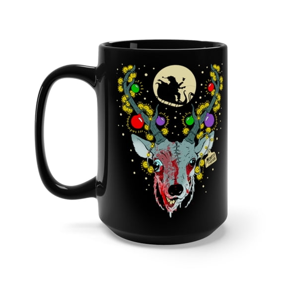 Santa's Reindeer Zombie Undead Christmas Coffee Mug, 15oz, Black
