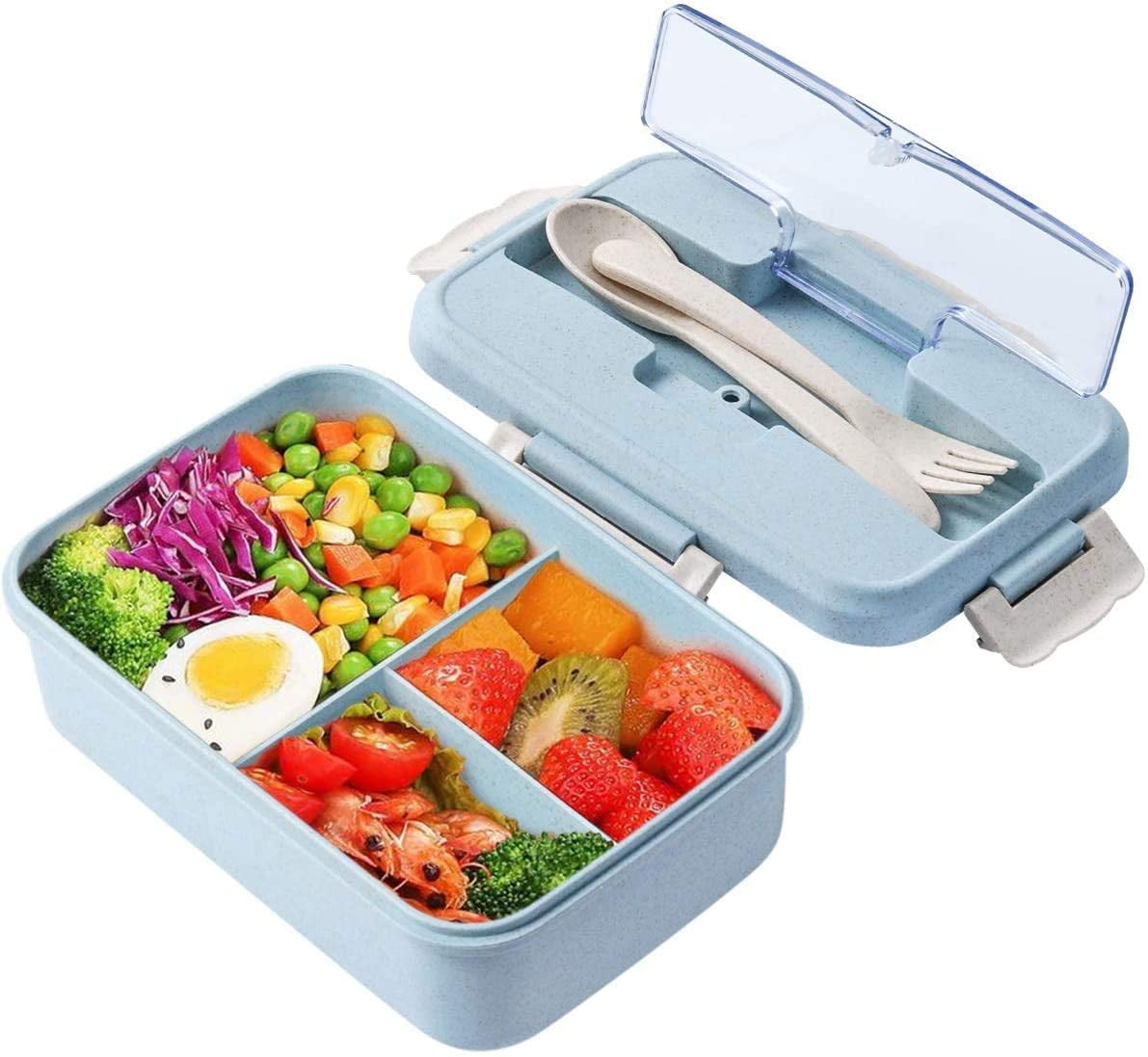 Lunch Box, 3 Compartment Sealed Bento Box and Cutlery Set Lunch Boxes