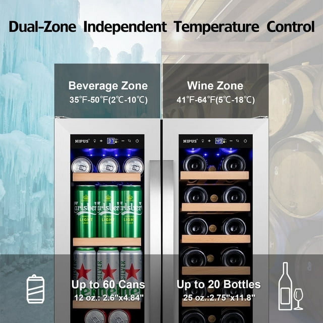 Nipus 24 inch Wine and Beverage Refrigerator,Dual Zone,Built-in Undercounter, 21 Bottles and 60 Cans,Silver