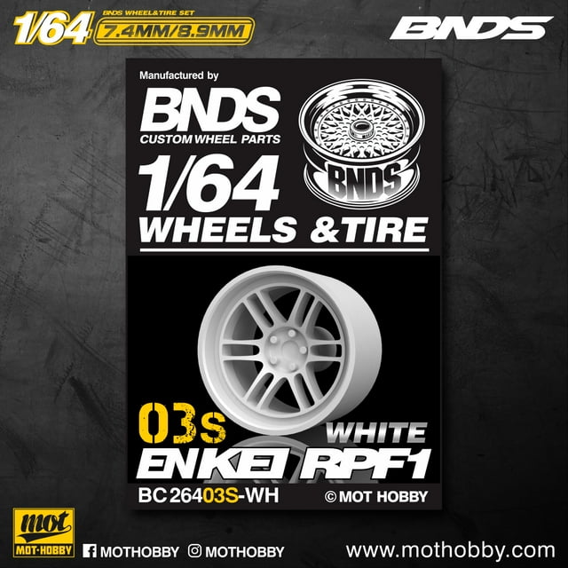 BNDS 1/64 ABS Wheels Rubber Tires by WHITE Assembly Rims Modified Parts JDM VIP Style for Model Car Vehicle 4pcs Set S BC26403S-WH