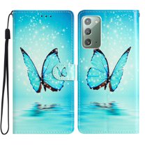 Nalacover Wallet Case for Samsung Galaxy Note 20 with Painting Pattern PU Leather Magnetic Kickstand Flip Folio Cover, Card Slots Holder Soft Silicone Shockproof Protective Case, Blue Butterfly