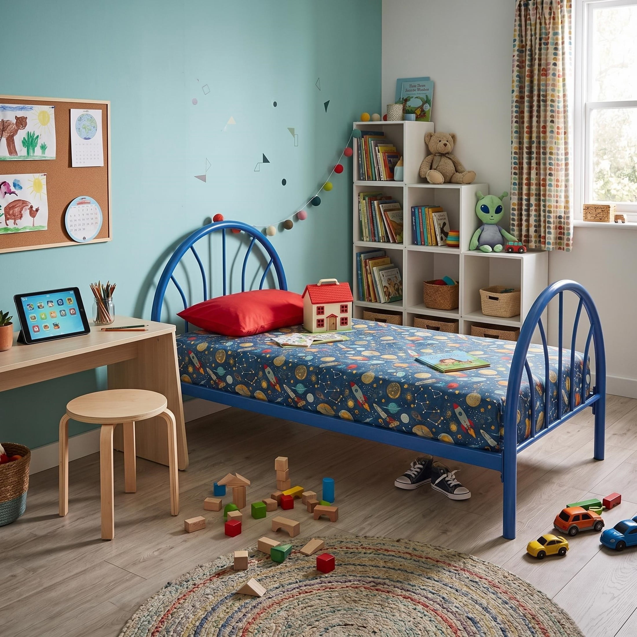 GDF Studio 79" Twin Heavy-Duty Metal Platform Bed with 16 Support Slats, Arched Headboard, Blue