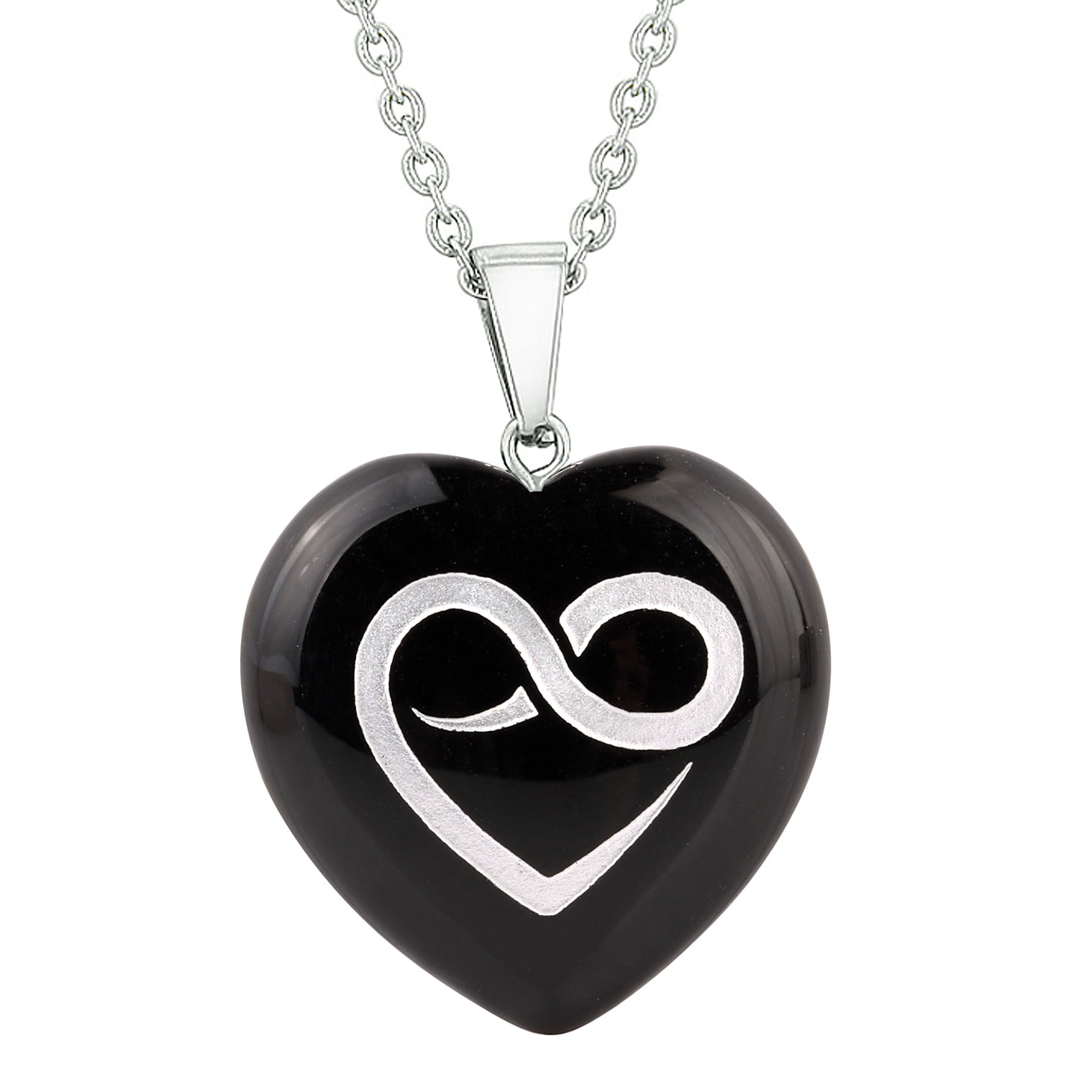 Amulet Infinity Eternity Heart Love Power Protect Energy Black Agate Puffy Heart Pendant 18 Inch Necklace