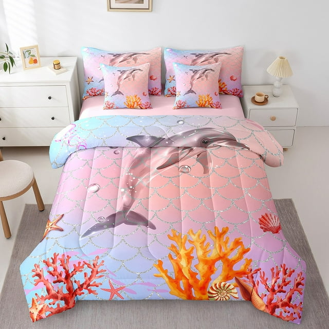 YST Dolphin 7-Piece Bedding Set, Full Size, Cute Dolphin Pattern with Mermaid Tails, Pink Rainbow