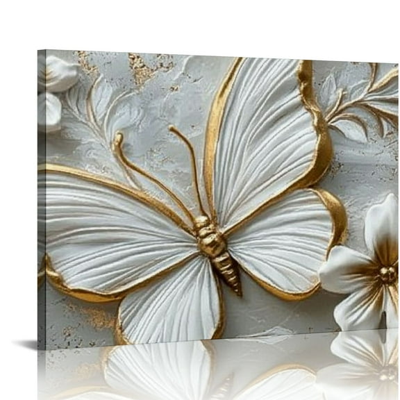 FCXZI Canvas Wall Art Butterfly Wall Decor White Flower Picture Gray Poster Animal Painting Prints for Office Living Room Bedroom Bathroom Home Decor 16x12in