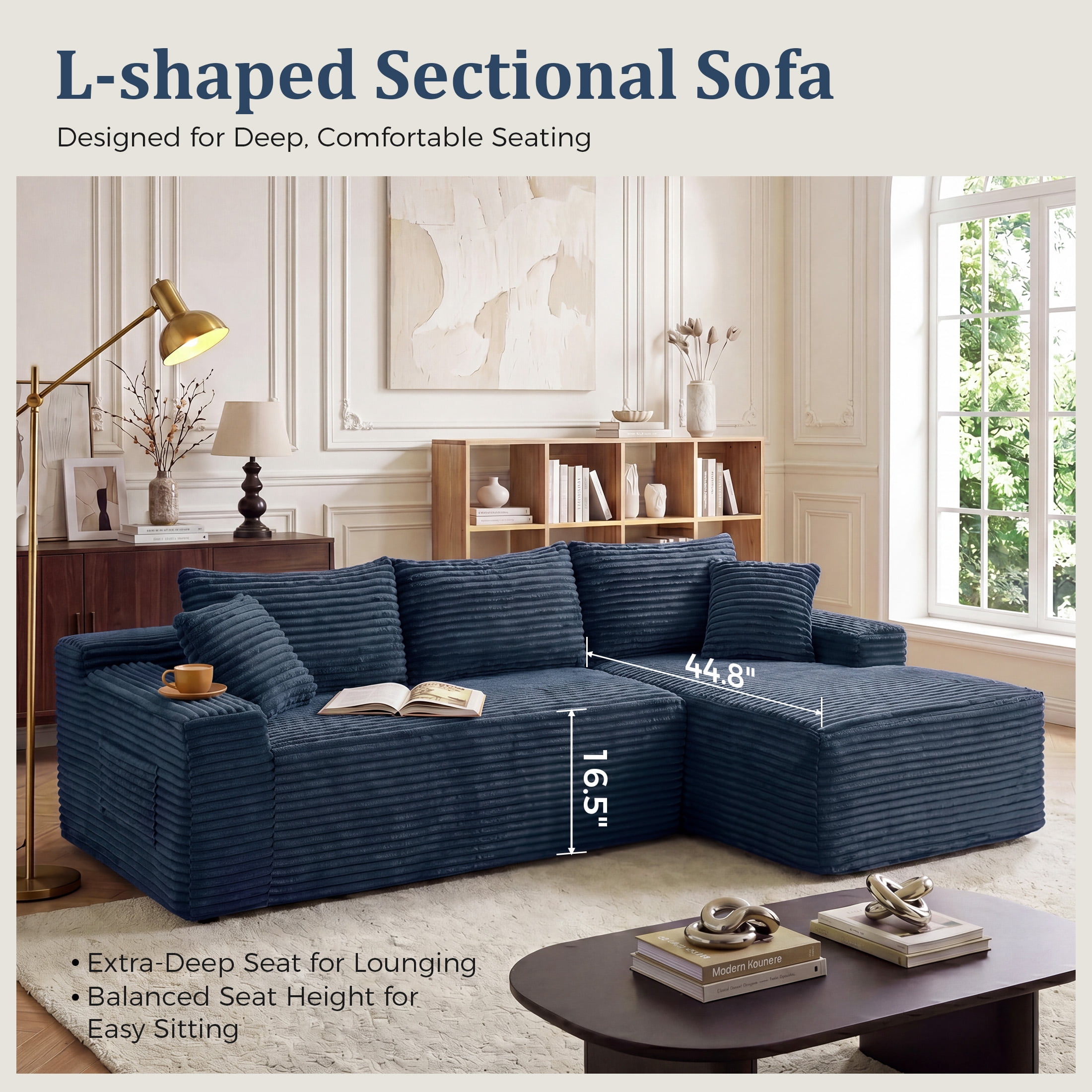 Aenkyo 95 Inch Corduroy L-Shaped Modular Sectional Sofa, Right Chaise, Blue