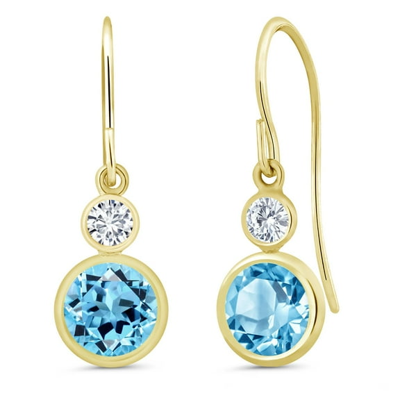 Gem Stone King 14K Yellow Gold Swiss Blue Topaz and White Lab Grown Diamond Drop Dangle Earrings for Women (2.20 Cttw, Gemstone November Birthstone, Round 6MM and 3MM)