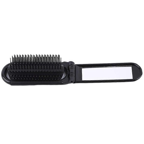 Cepillo plegable para el cabello con espejo, tamaño de bolsillo compacto, peine de viaje 2 en 1 para peinar, color negro.