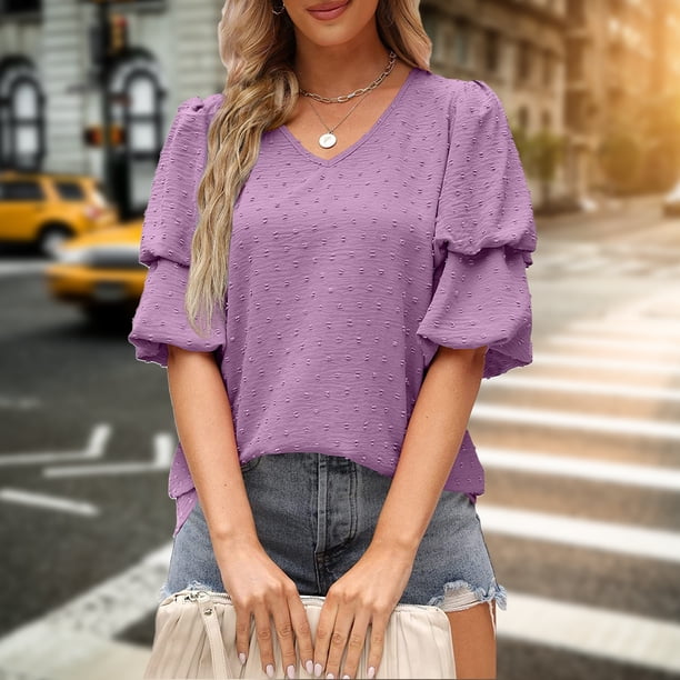 Blusa De Manga Corta Camiseta casual de manga abullonada doble Color sólido con cuello en V de verano para mujer (Púrpura XL) Cgtredaw para Mujer Púrpura T XL