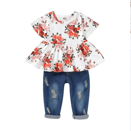 

Kucnuzki 6 Months Baby Girl Summer Outfits Pants Sets 12 Months Short Sleeve Floral Prints Skirt Layer Cozy Tops Elastic Denim Pants 2PCS Set White