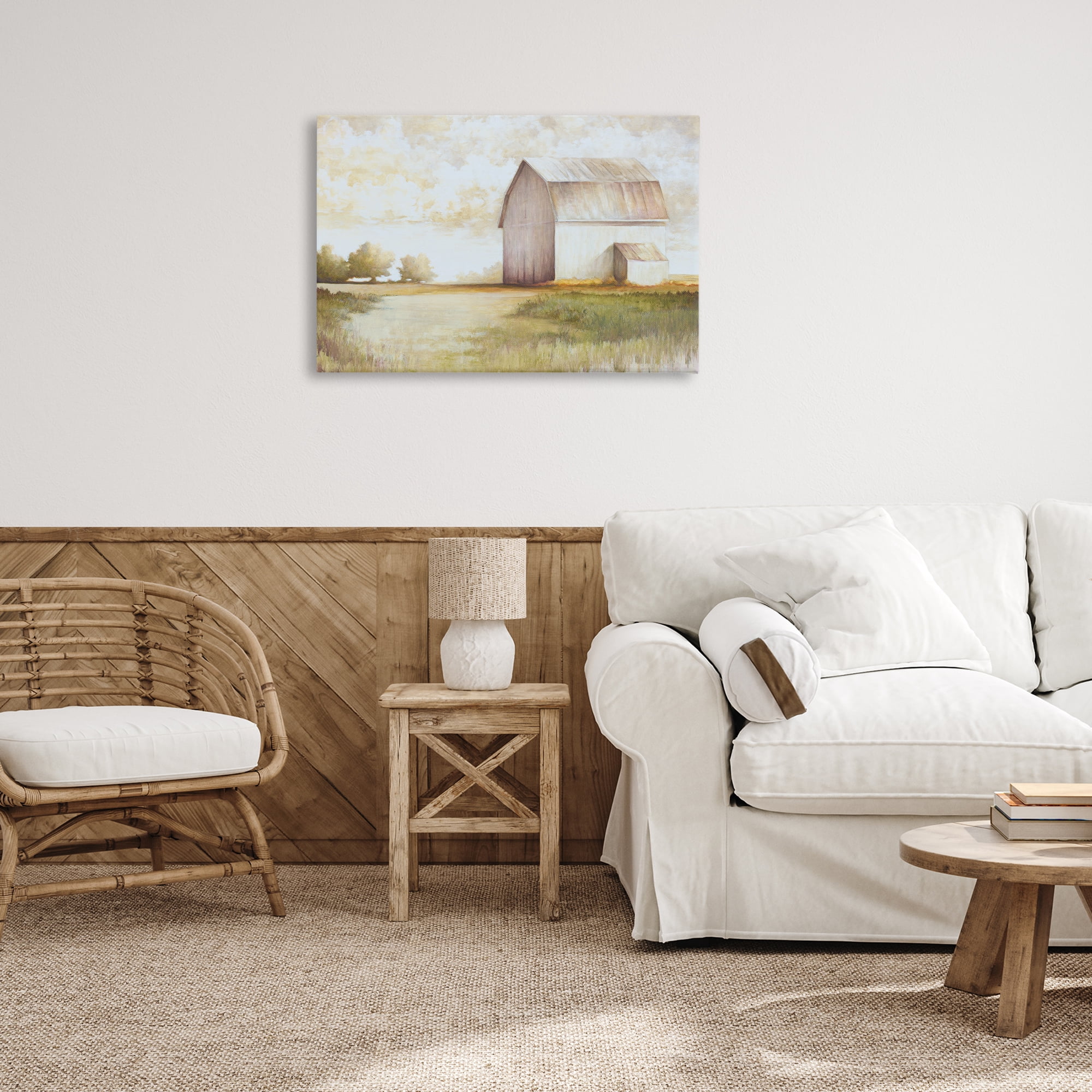 Stupell Industries Neutral Distant Barn Landscape Painting Gallery Wrapped Canvas Art Print Wall Art, 30 x 20