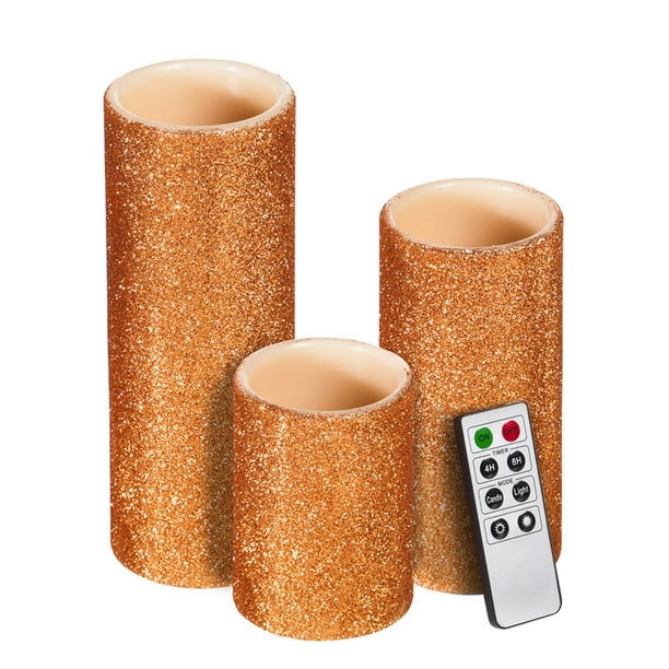 Copper Glitter Battery Operated Flameless LED Wax Pillar Candle w